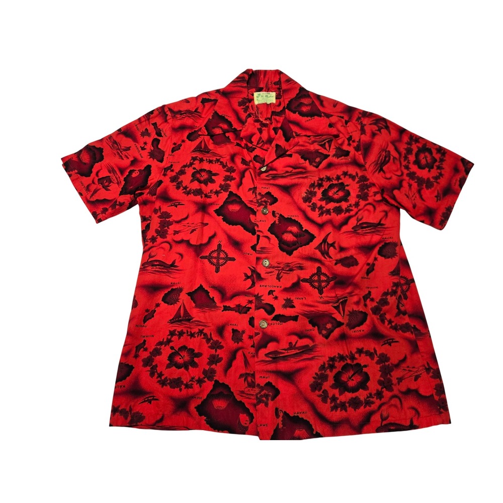 Ui-Maikai Mens Red Hawaiian Shirt Cotton Island Map Hibiscus Print‎ Men's Medium